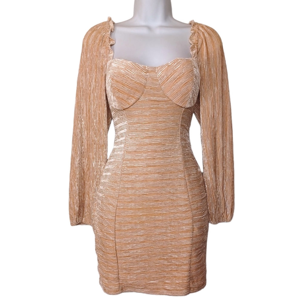 PRIVY Velvet Cream Tan Long Sleeve Mini Bodycon Party Dress Medium NWT